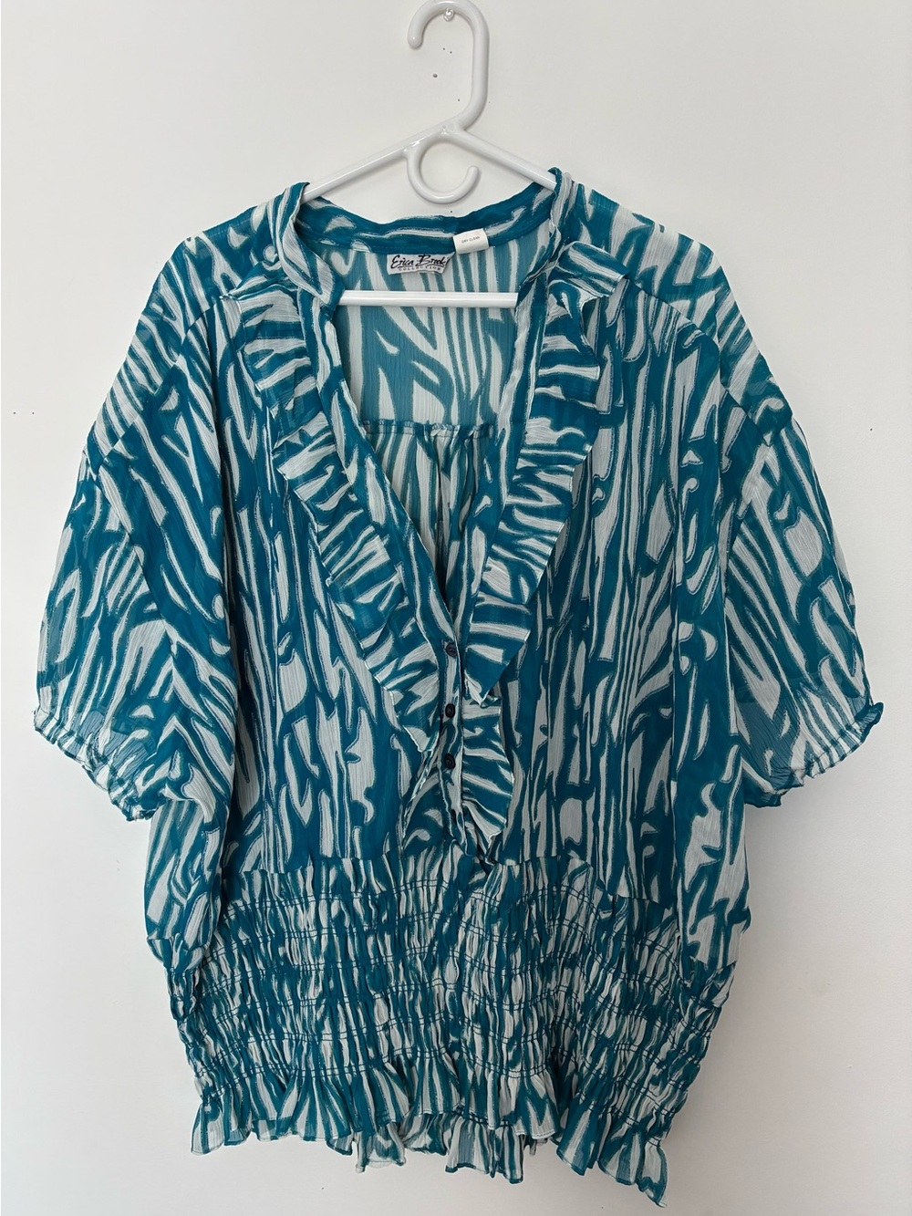 Teal and White Ruffle V-Neck Blouse